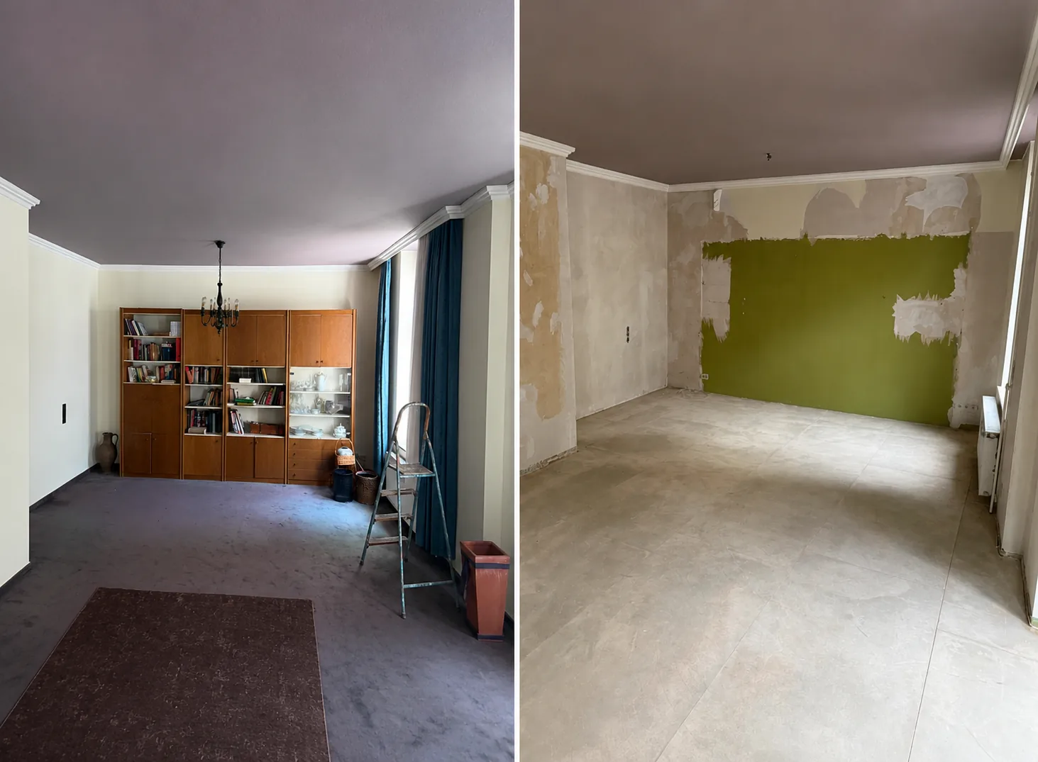 Vorher-Nachher-Zusammenstellung eines geräumten und zurückgebauten Wohnraums