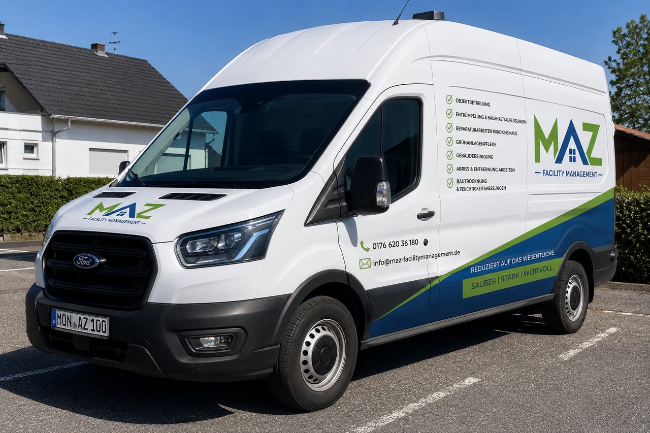Firmenwagen von MAZ Facility Management Aachen &ndash; Ford Transit mit allen Leistungen: Objektbetreuung, Entrümpelung, Reparaturen, Grünanlagenpflege, Gebäudereinigung, Abriss und Bautrocknung